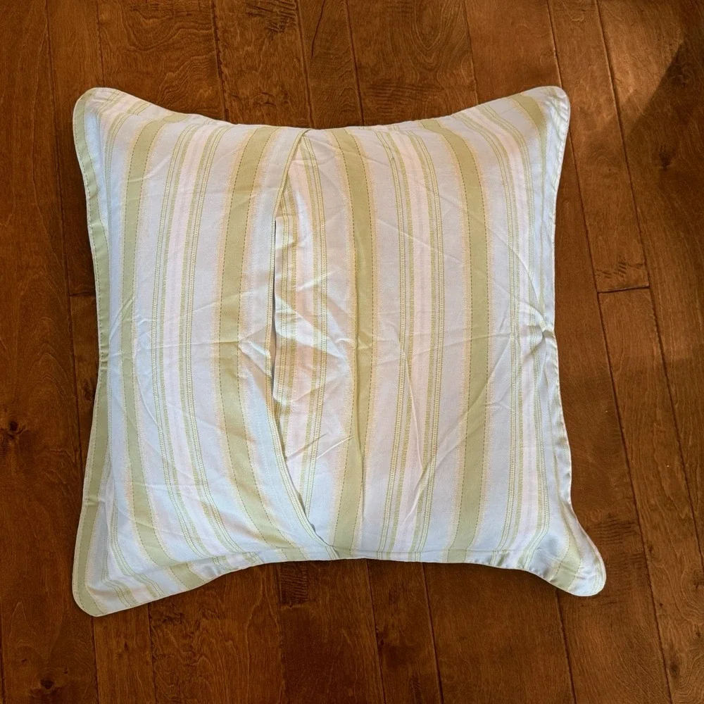 Vintage Waverly Euro Pillow 30x30 Blue Green Stripe Flanged Cotton w Down Insert